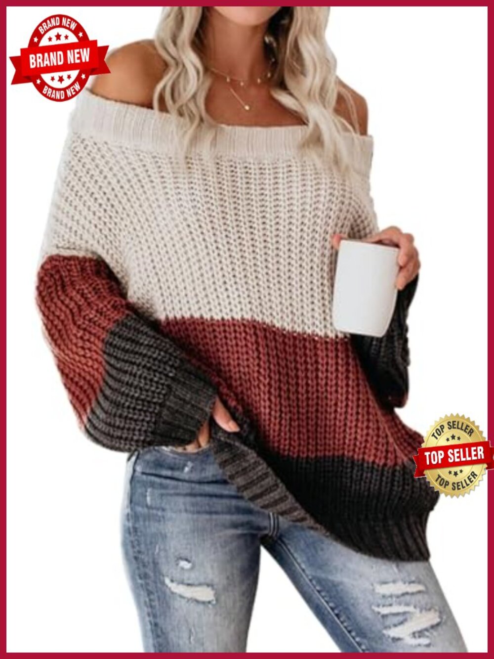 Off Shoulder Color Block Oversized Chunky Knit Pullover Sweater
